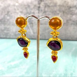 Vintage purple, red, and amber stones on gold tone hardware pierced earrings 80s